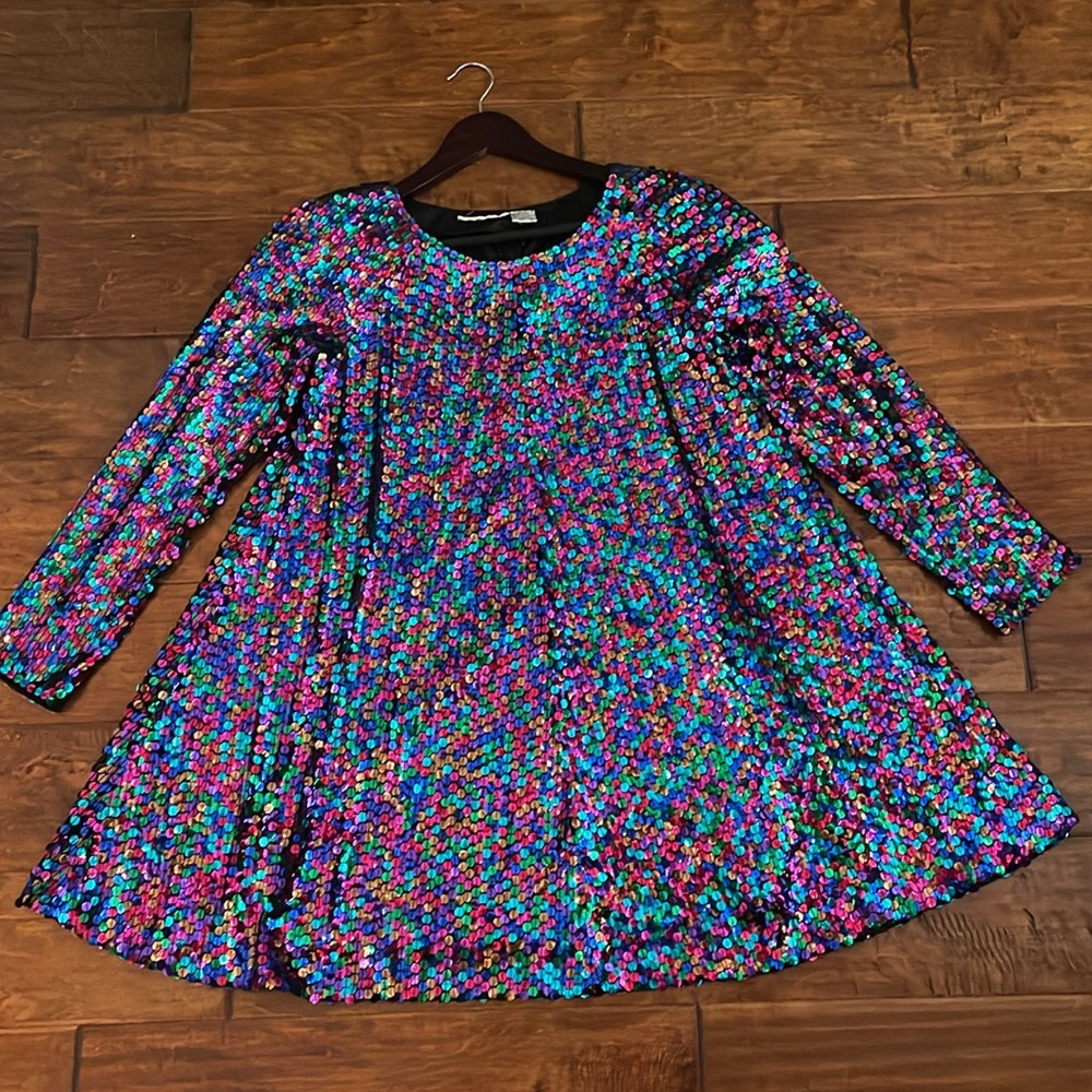 80s  Multicolor Sequin Long Sleeve Dress size 8 micro mini dress